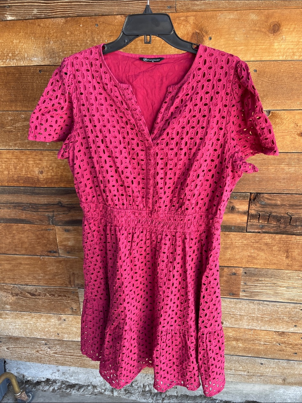 PrettyGarden Magenta Eyelet Mini Dress XL Cotton Puff Sleeve Lined Boho Summer - Picture 1 of 4